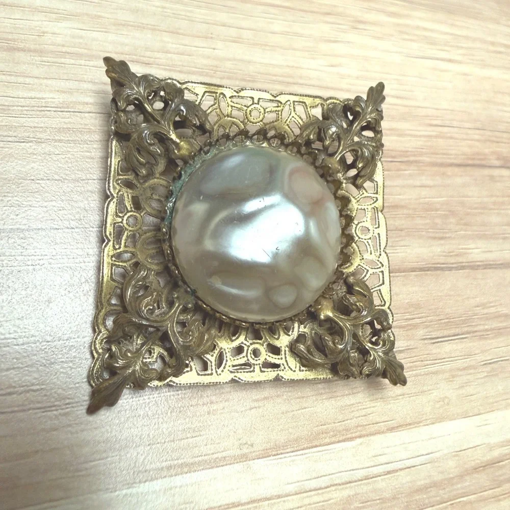 Vtg Brass Filigree Square Brooch Large Faux Pearl Victorian Revival Gold Tone